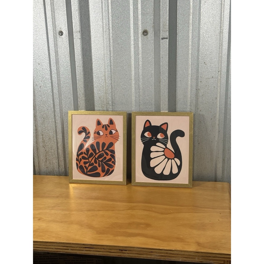 Set of 2 Framed Cat Prints 8x10 Gold Frames Retro Boho Floral Wall Halloween